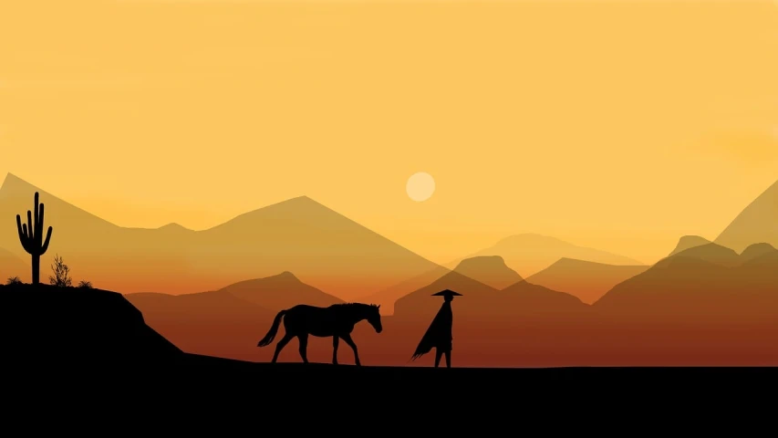 a couple of horses that are standing in the grass, vector art, inspired by Jean Giraud, trending on pixabay, conceptual art, sunset in a valley, cowboy on the range, minimalist wallpaper, background image