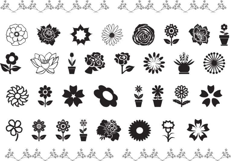 a bunch of different types of flowers on a black background, lineart, sōsaku hanga, all black matte product, iconography background, flowerbeds, tones of black in background