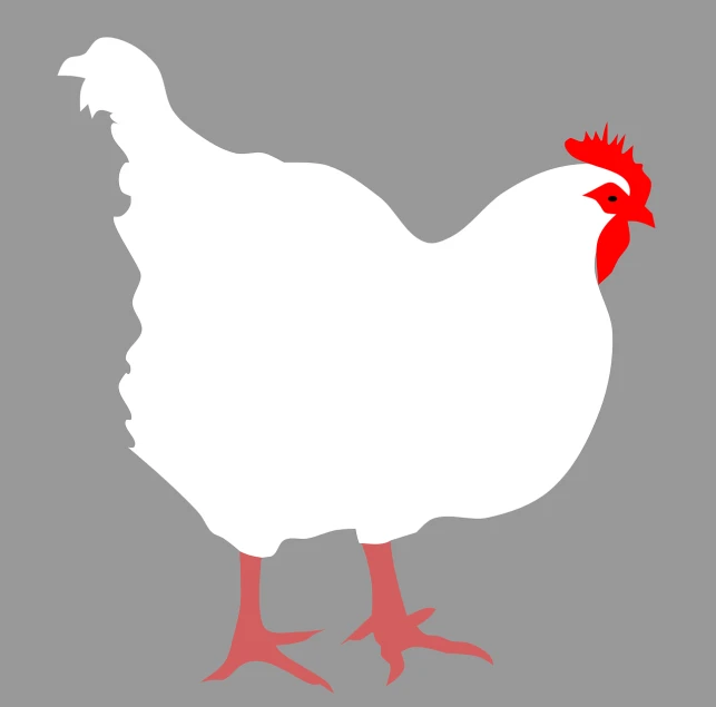a white chicken with a red comb on its head, an illustration of, folk art, on a gray background, siluette, white color, with a large breasts