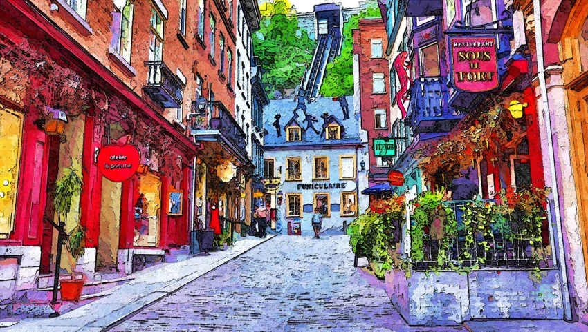 a painting of a street in a european city, a digital painting, by Douglas Shuler, pixabay, chateau frontenac, built on a steep hill, vibrant and vivid, elevated street art