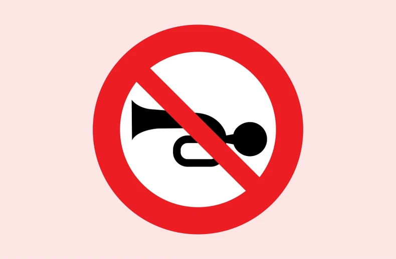 a no horn sign on a pink background, antipodeans, trumpet, icon, remove, no