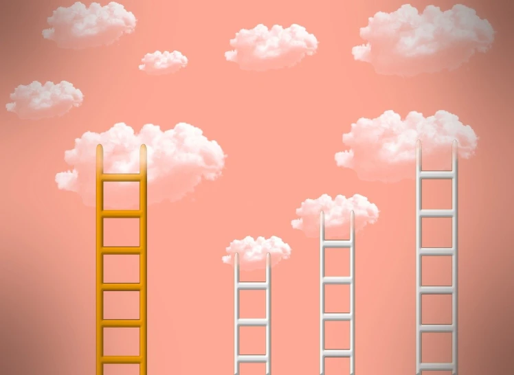 a group of ladders with clouds in the background, concept art, naive art, pink background, marketing photo, worksafe. illustration