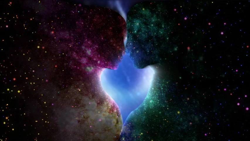 a couple of people standing next to each other in space, digital art, shutterstock, two beautiful women in love, closeup photo, within radiate connection, kissing each other