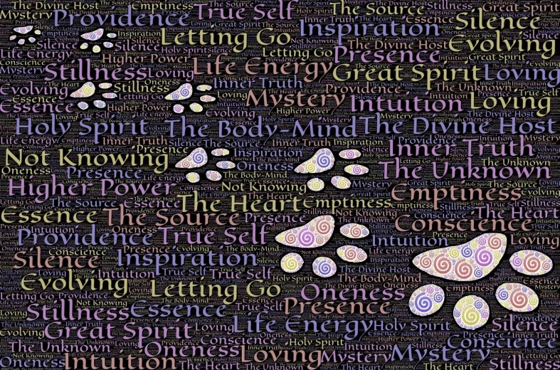 a close up of a dog's paw print on a black background, by Jeanna bauck, trending on pixabay, metaphysical painting, words, repeating pattern, spirits flying, intuition