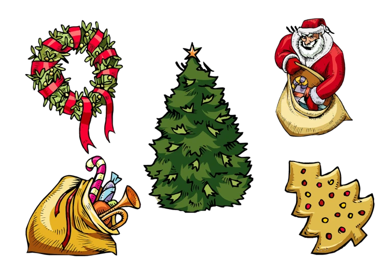a collection of christmas items on a black background, an illustration of, by Susan Heidi, shutterstock, process art, game concept art sprite sheet, colored woodcut, 5k, vignette illustration