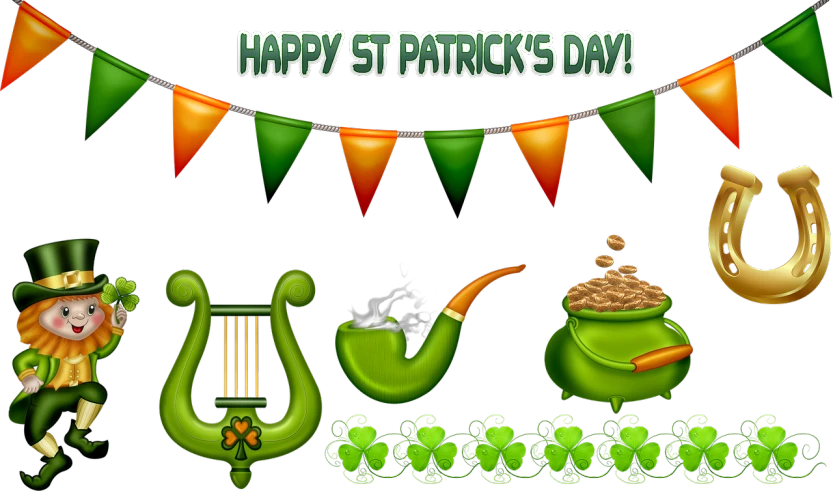 a set of st patrick's day icons, a digital rendering, by Brigette Barrager, shutterstock, digital art, on black background, 2 0 1 0 photo, instrument, happy!!!