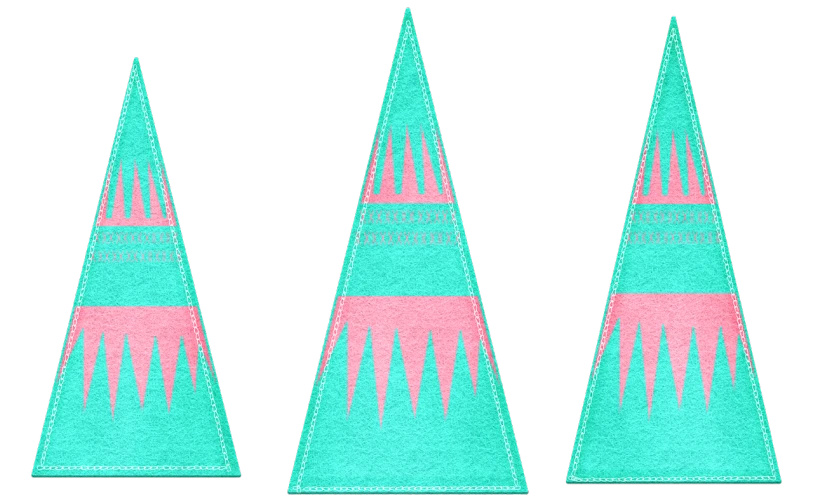 three blue and pink triangles on a black background, digital art, inspired by Aquirax Uno, tumblr, spruce trees on the sides, bowling alley carpet, teepee, highly_detailded