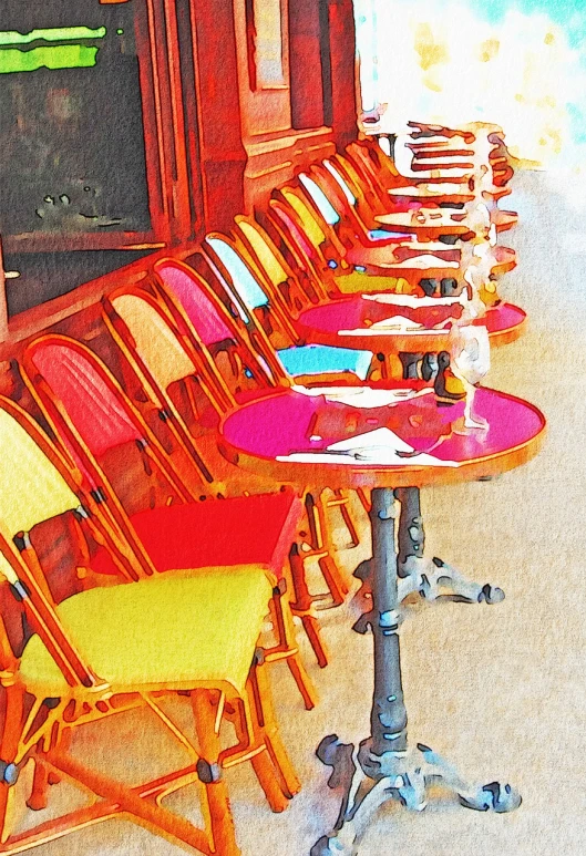 a row of colorful chairs sitting next to each other, a photo, inspired by Bonnard Pierre, fine art, cafe tables, ((oversaturated)), added detail, hot colors