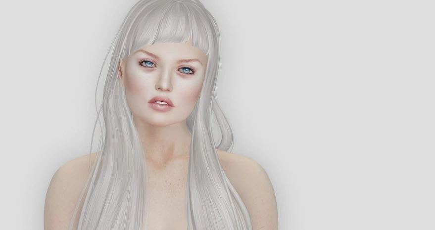 a woman with long white hair and blue eyes, a 3D render, tumblr, second life avatar, sparse freckles, soft vintage glow, white bangs