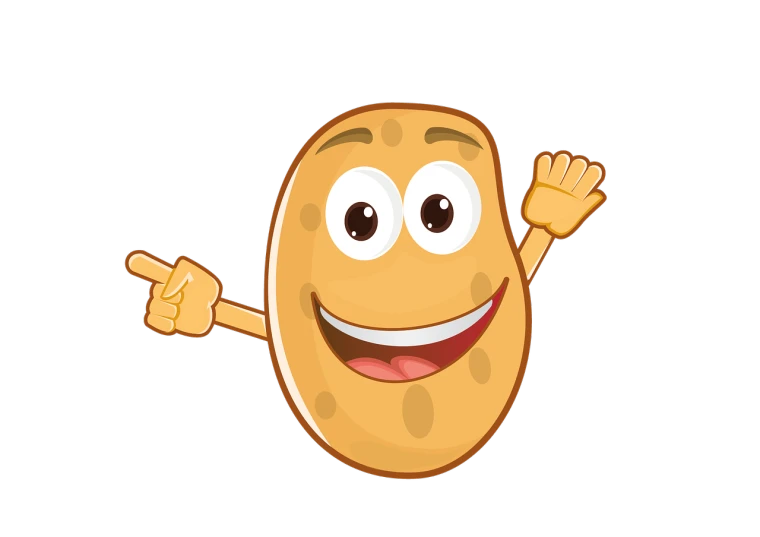 a close up of a cartoon potato on a black background, mingei, mascot illustration, waving at the camera, oval shape face, nut