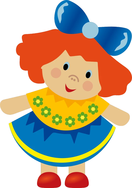 a cartoon doll with red hair and a blue dress, toyism, clip-art, puppet, children illustration, europe