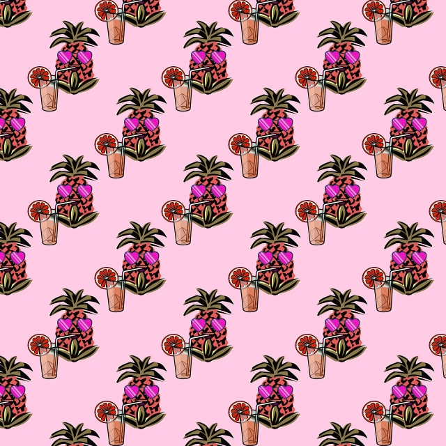 a bunch of potted plants on a pink background, a digital rendering, by Jeka Kemp, maximalism, repeating fabric pattern, drinking cocktail, miami. illustration, background of poison apples