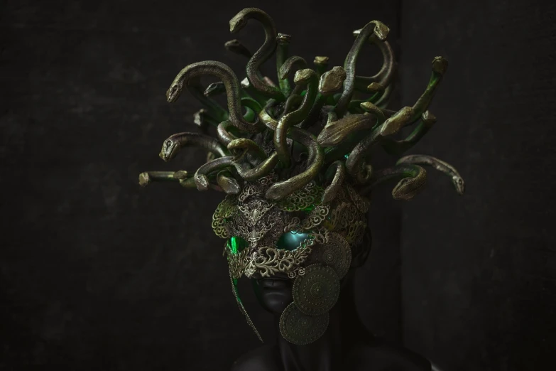 a close up of a head on a mannequin, a surrealist sculpture, inspired by Igor Morski, zbrush central contest winner, afrofuturism, portrait of a sacred serpent, wearing a crown of vines, cthulhu squid, billie eilish as female loki