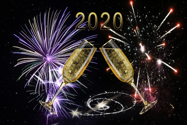 two glasses of champagne with fireworks in the background, by Teresa Fasolino, pixabay, futuristic year 2 0 0 0 text, imet2020, digital collage, stock photo