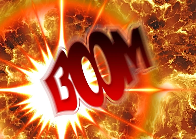 the word boom is surrounded by flames, by Tom Carapic, pixabay, shock art, heroic!!!, doom shotgun pov, 🚀🚀🚀, red spike aura in motion