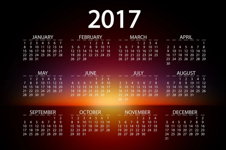 a calendar for the year 2017 on a dark background, a picture, shutterstock, happening, created in adobe illustrator, footage, sun set, time dragging on for too long
