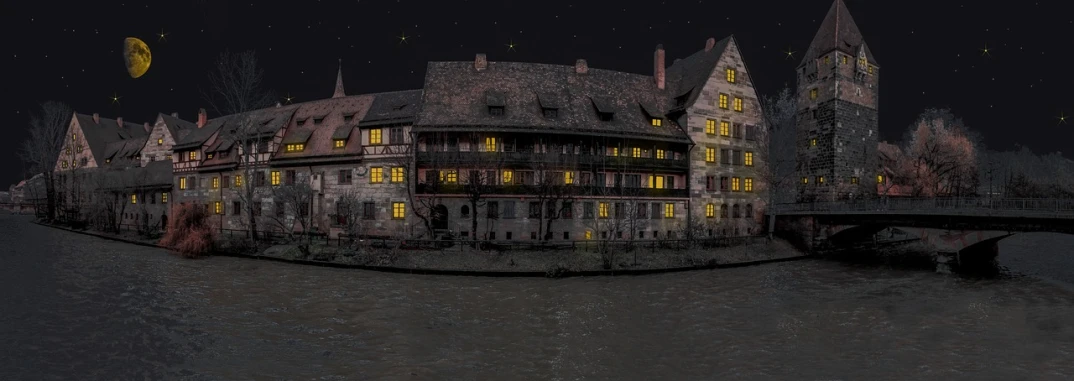 a large building sitting on top of a river next to a bridge, inspired by Frits Thaulow, pixabay contest winner, lights are on in the windows, nuremberg, ultra detailed haunted house, panorama