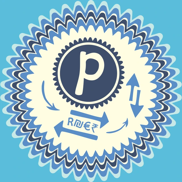a blue and white logo with the letter p on it, by Kalervo Palsa, pixabay contest winner, private press, planetary gears, the river is flowing its way, currency symbols printed, driver