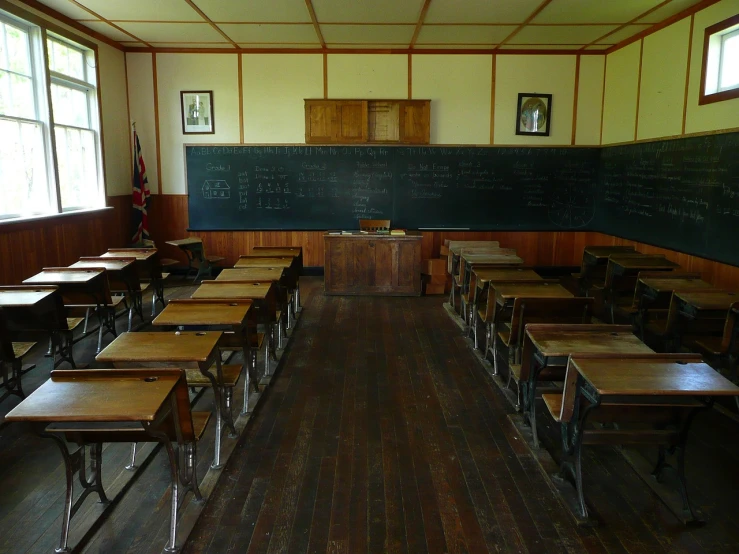 an empty classroom with desks and a chalkboard, by Primrose Pitman, flickr, barbizon school, victoria, seifuku, rustic, king