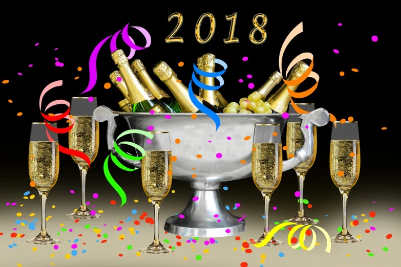 a bunch of glasses filled with champagne and confetti, by Juan Carlos Stekelman, pixabay, [ digital art ]!!, 2018, “ golden cup, year 2 8 6 6