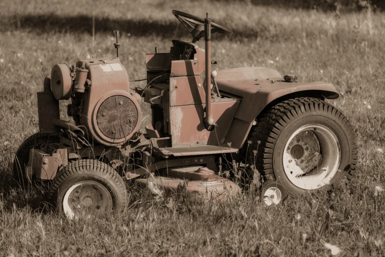 an old tractor sitting in the middle of a field, a portrait, inspired by August Sander, precisionism, sepia tone, 4k detail, vintage - w 1 0 2 4, monochrome hdr