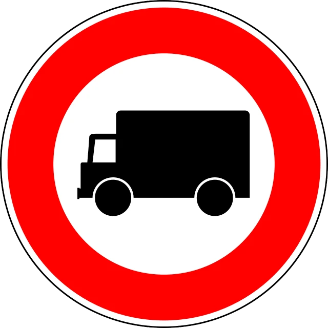 a red and white sign with a picture of a truck, pixabay, all enclosed in a circle, alessandro barbucci, black circle, no jersey