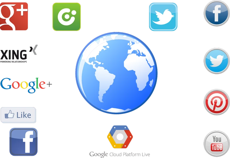 a globe surrounded by social icons on a black background, screenshot of cloudjumper, chrometype, love os begin of all, platforms