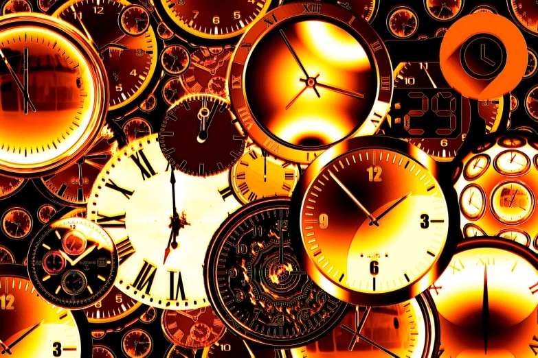 a bunch of clocks sitting on top of each other, a digital rendering, by Andrei Kolkoutine, trending on pixabay, maximalism, steampunk background, movie clockwerk orange, high contrast!, vanguardist alternate timeline
