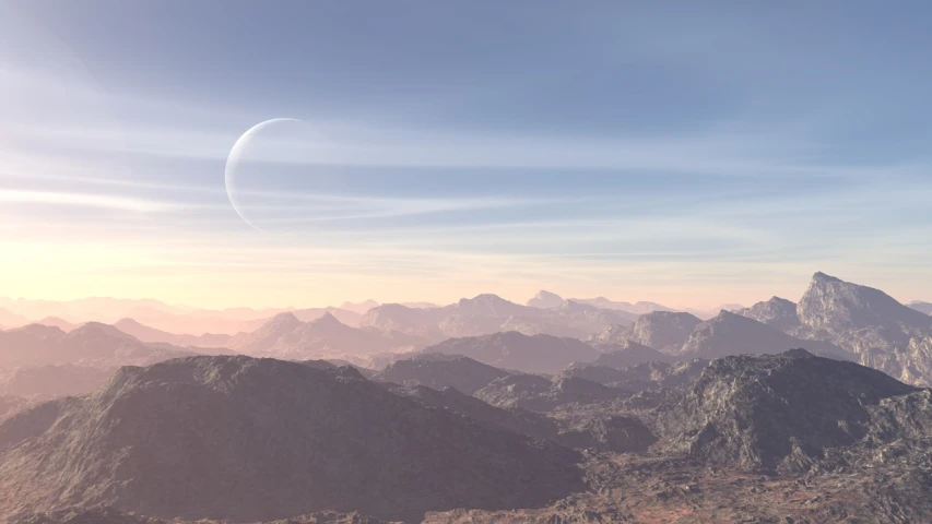 a view of a mountain range with a moon in the sky, a matte painting, pristine global illumination, on planet jupiter, distant mountains lights photo