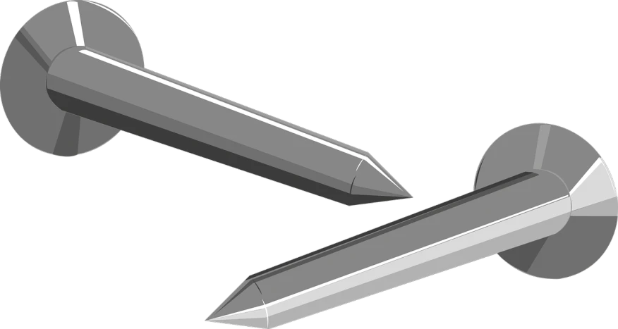 a pair of nails sitting on top of each other, polycount, buster sword, mostly greyscale, drawn in microsoft paint, sharp and dangerous sleek design