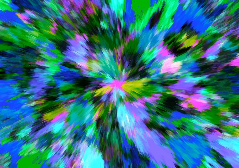 a multicolored picture of a tree with a blue sky in the background, a digital rendering, inspired by Victor Moscoso, abstract illusionism, flower explosion, zoom blur, full of colour 8-w 1024, weed background