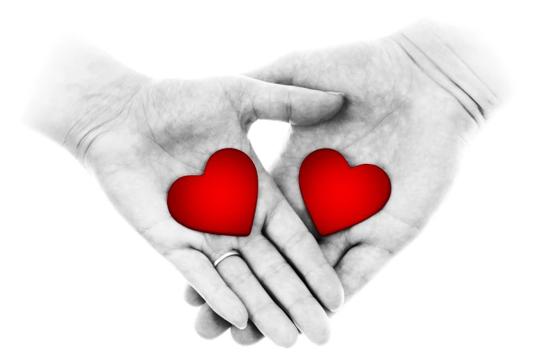 a pair of hands holding two red hearts, a photo, bw photo, high res photo, high details photo