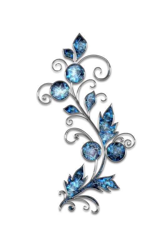 a blue flower on a black background, by Nikita Veprikov, digital art, silver ornaments, vine art, with crystals on the walls, phone background