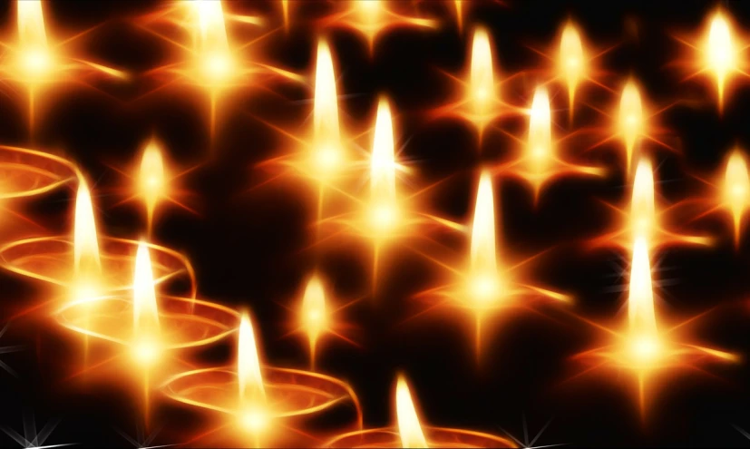 a group of lit candles sitting next to each other, by Rhea Carmi, digital art, twinkling stars, high definition screenshot, orange candle flames, glass - reflecting - stars