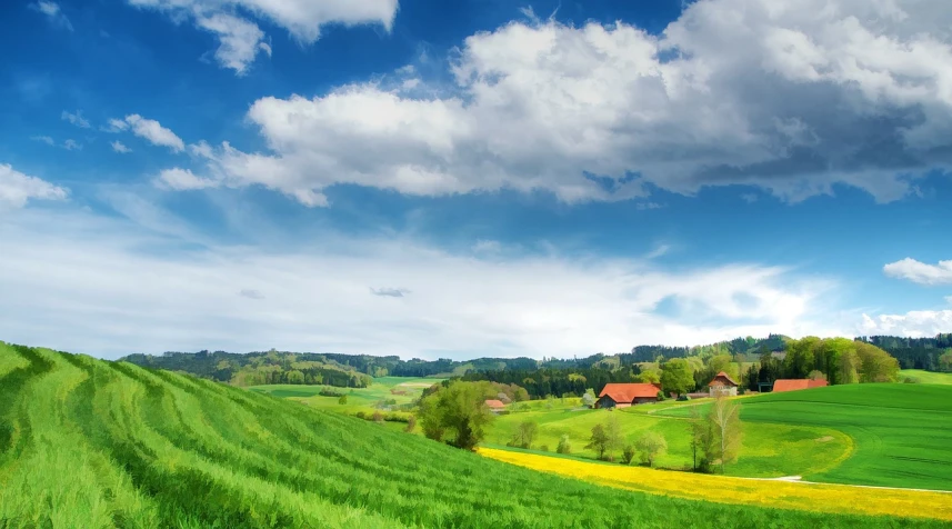 a field of green grass with houses in the distance, by Franz Hegi, shutterstock, large landscape with village, some yellow green and blue, wide view of a farm, flowing hills