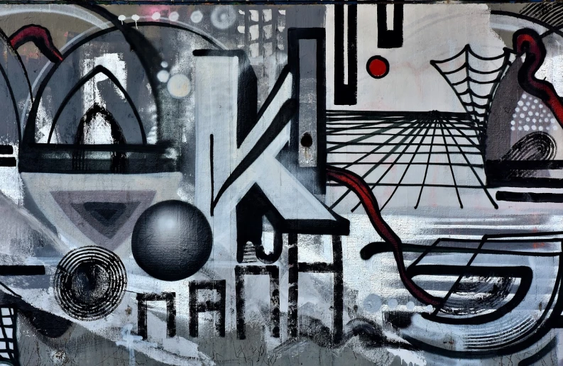 a black and white painting on the side of a building, graffiti art, by Micha Klein, graffiti, abstract painting. 8k, vasily kandinsky, geometric abstract, 4 k detail fantasy