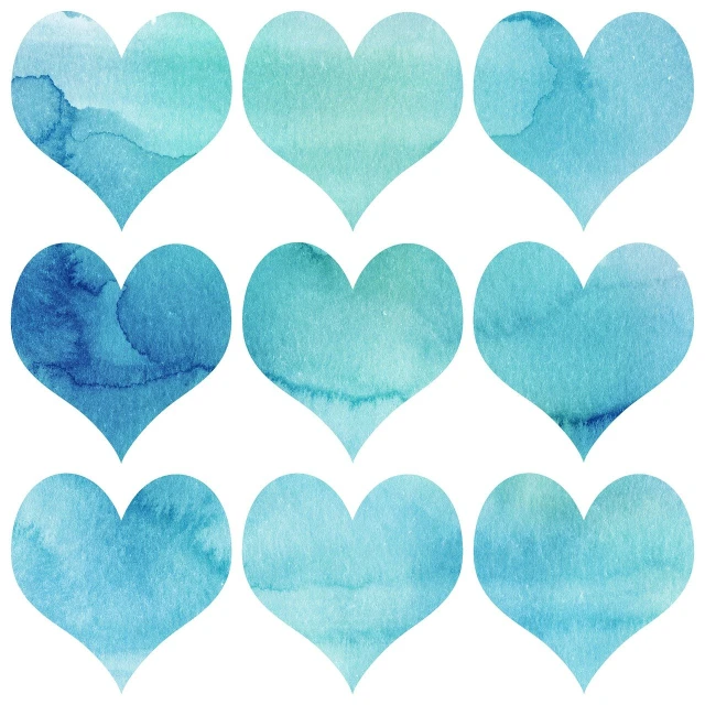 a set of nine watercolor hearts on a white background, by Yuko Tatsushima, shutterstock, process art, blue and cyan scheme, gradation, japan, cutout