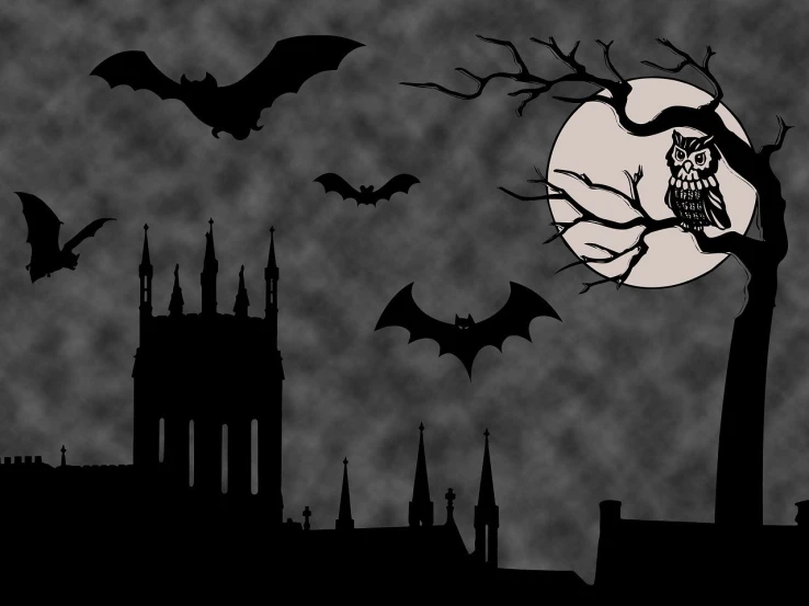 an owl sitting on a tree in front of a full moon, a cartoon, by Maxwell Bates, trending on pixabay, gothic art, bats flying away from castle, black domes and spires, banner, halloween decorations