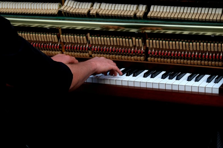 a close up of a person playing a piano, by Jan Rustem, precisionism, 2 4 mm iso 8 0 0 color, the console is tall and imposing, very accurate photo, stock photo