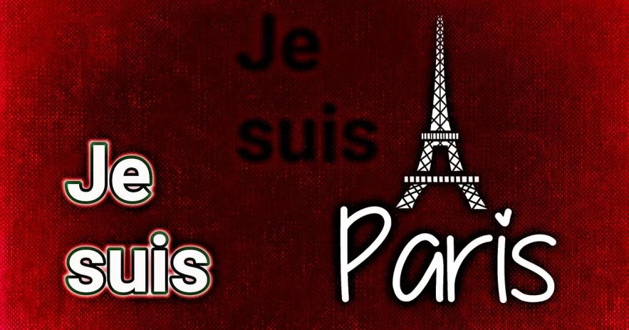 a picture of the eiffel tower and the words je suis paris, tumblr, paris school, red on black, made with photoshop, banner, party