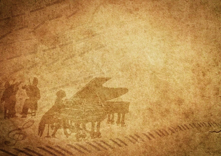 a picture of a man playing a piano, an album cover, by Bernard Meninsky, trending on pixabay, baroque, steampunk!!!! grainy texture, tokyo street background, textured parchment background, 3 jazz musicians