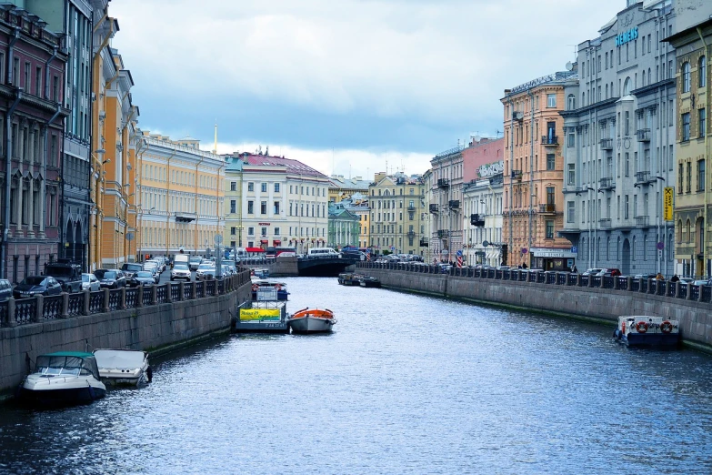 a river running through a city next to tall buildings, a photo, by Serhii Vasylkivsky, fine art, saint petersburg, with water and boats, nice slight overcast weather, railing along the canal