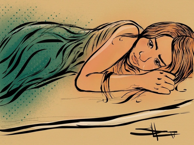 a drawing of a woman laying on a pillow, digital art, inspired by Asaf Hanuka, the sea of sadness, girl in a dress, wikihow illustration, laying on sand
