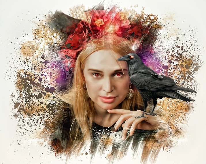 a woman with a bird on her hand, digital art, gothic art, looks a blend of grimes, highly detailed vfx portrait of, grungy; colorful, madonna portrait
