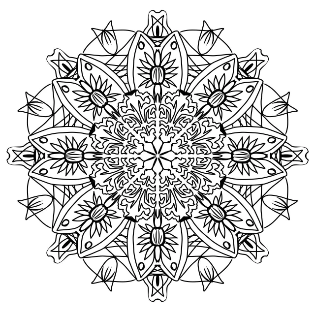 a black and white drawing of a flower, lineart, by Jesse Richards, mandala ornament, made in adobe illustrator, color page, intricate galactic designs