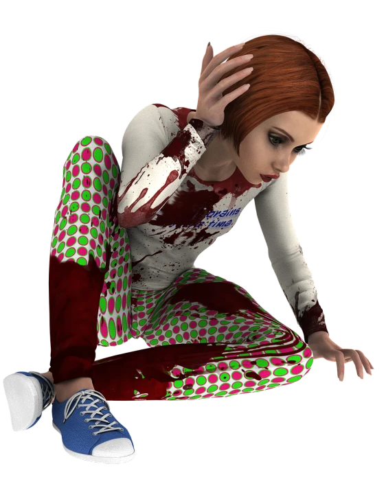 a woman sitting on the ground with a knife in her hand, a digital rendering, inspired by Clark Voorhees, zbrush central contest winner, wearing pajamas, second life avatar, vomiting blood, chucky style