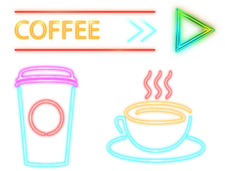 a cup of coffee next to a cup of coffee, a digital rendering, tumblr, graffiti, neon electronic signs, game icon asset, arrow, vivid!!