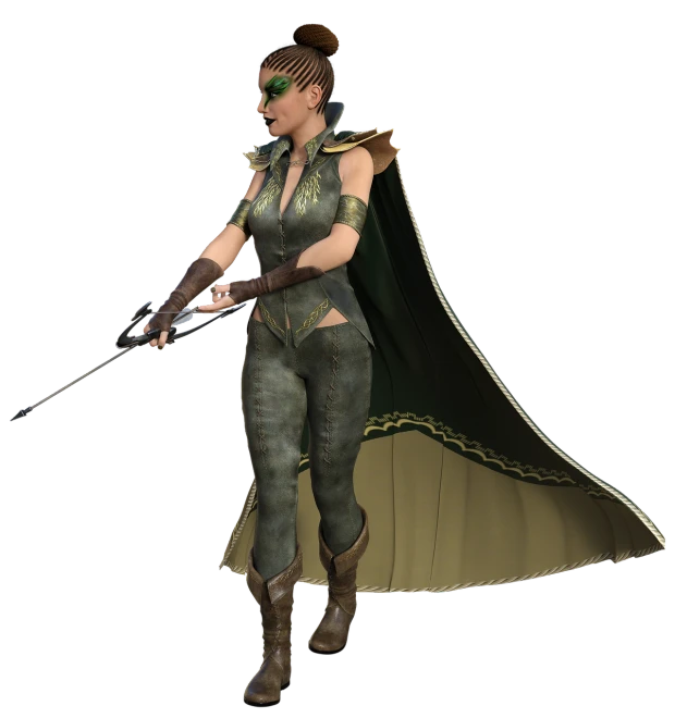 a woman in a green outfit holding a gun, a 3D render, by senior character artist, leather boots and cape, regal and proud robust woman, zoomed out full body, stunning 3d render of a fairy