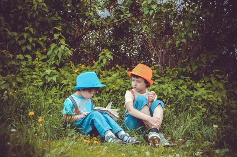 two children sitting in the grass reading a book, a stock photo, by Romain brook, pixabay, fine art, chartreuse and orange and cyan, wearing a straw hat and overalls, brothers, teal and orange color scheme
