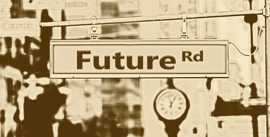 a black and white photo of a street sign, a picture, trending on pixabay, futurism, future locomotive style, sepia toned, near future 2 0 3 0, bright blue future